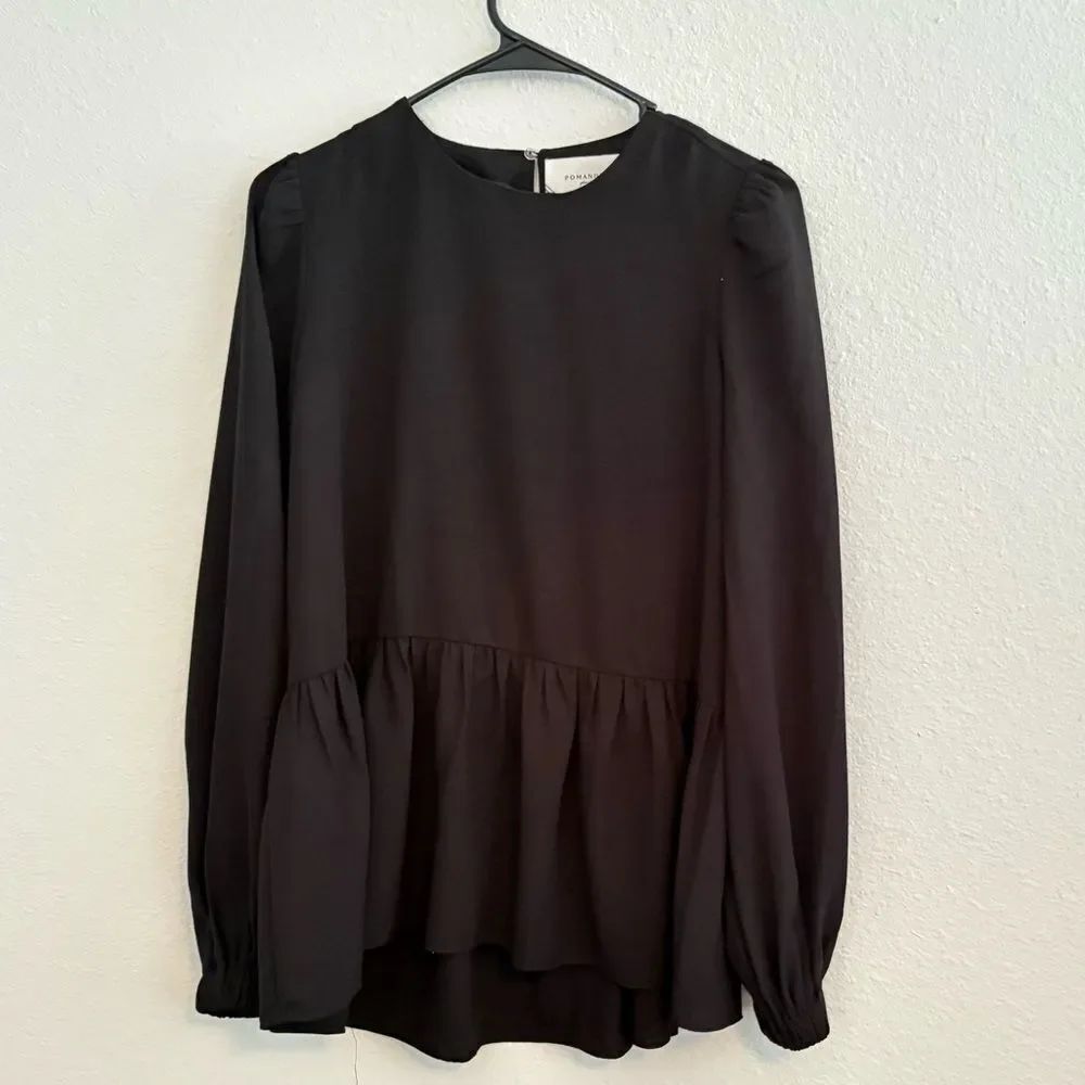 Tuckernuck Pomander Place Carlotta Peplum Blouse Hi low Hemline Drapey XS Black